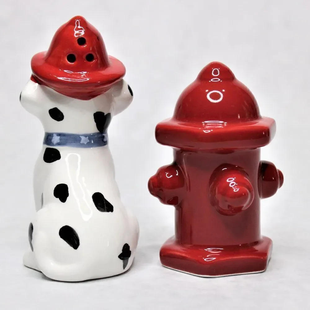 Collectable Dalmatian Puppy Dog & Red Fire Hydrant Salt & Pepper Shakers